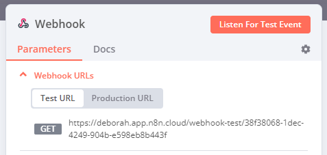 Sample Webhook URLs in the Webhook node&#39;s Parameters tab display a Test URL and Production URL